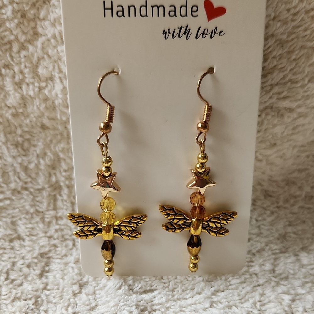 Handmade Gold Dragonfly Earrings